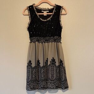 American Rag Black Sequined Top with Cream Ruffle and Lace Trim